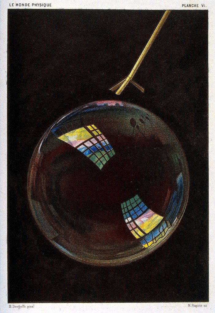 A vintage illustration of a soap bubble containing a miniature stained glass window, with a metallic rod above it.