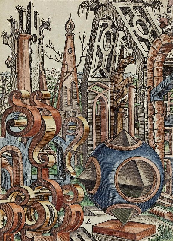 A surreal landscape with intricately carved columns, arches, and a blue sphere, rendered in a detailed hand-drawn style.