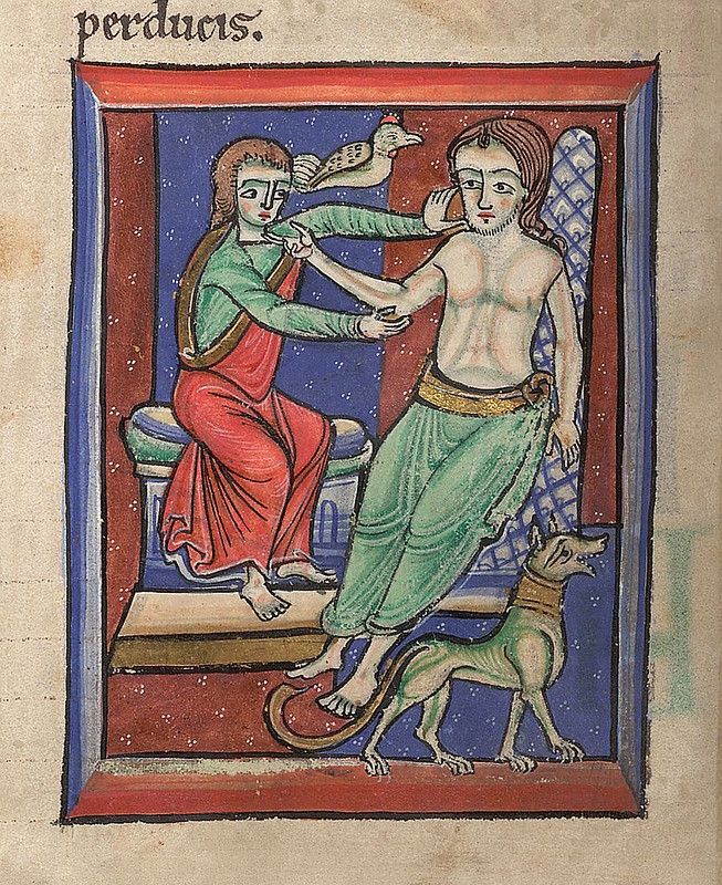 Medieval manuscript illumination depicting a woman, a man, a chicken, and a dog.