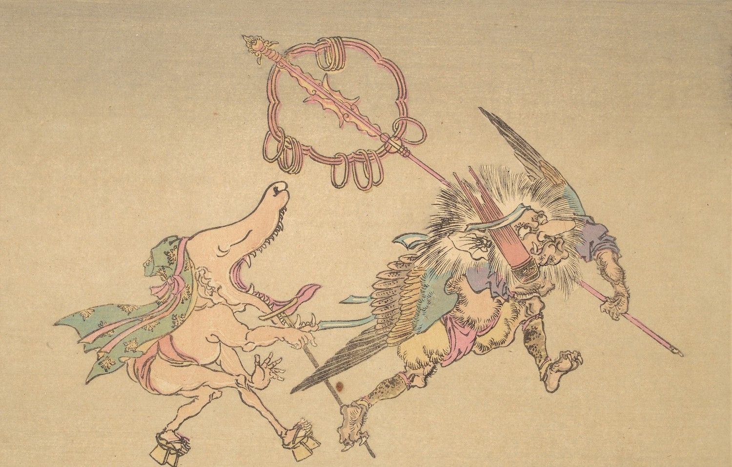 A traditional East Asian artwork depicting a warrior on a winged creature battling a dragon-like beast with a spear.