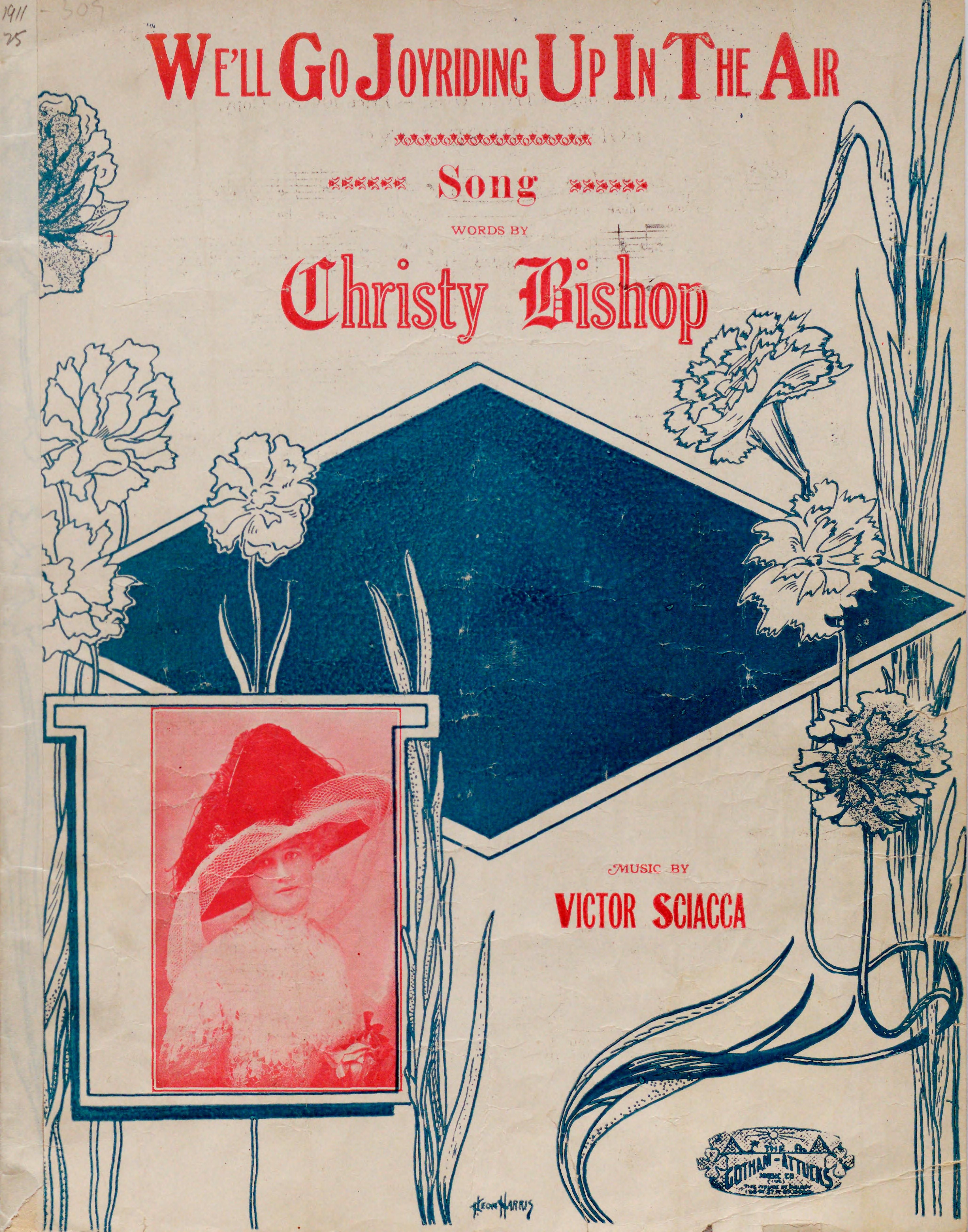 Vintage sheet music cover for "We'll Go Joyriding Up in the Air" featuring a woman in a hat and ornate floral designs.