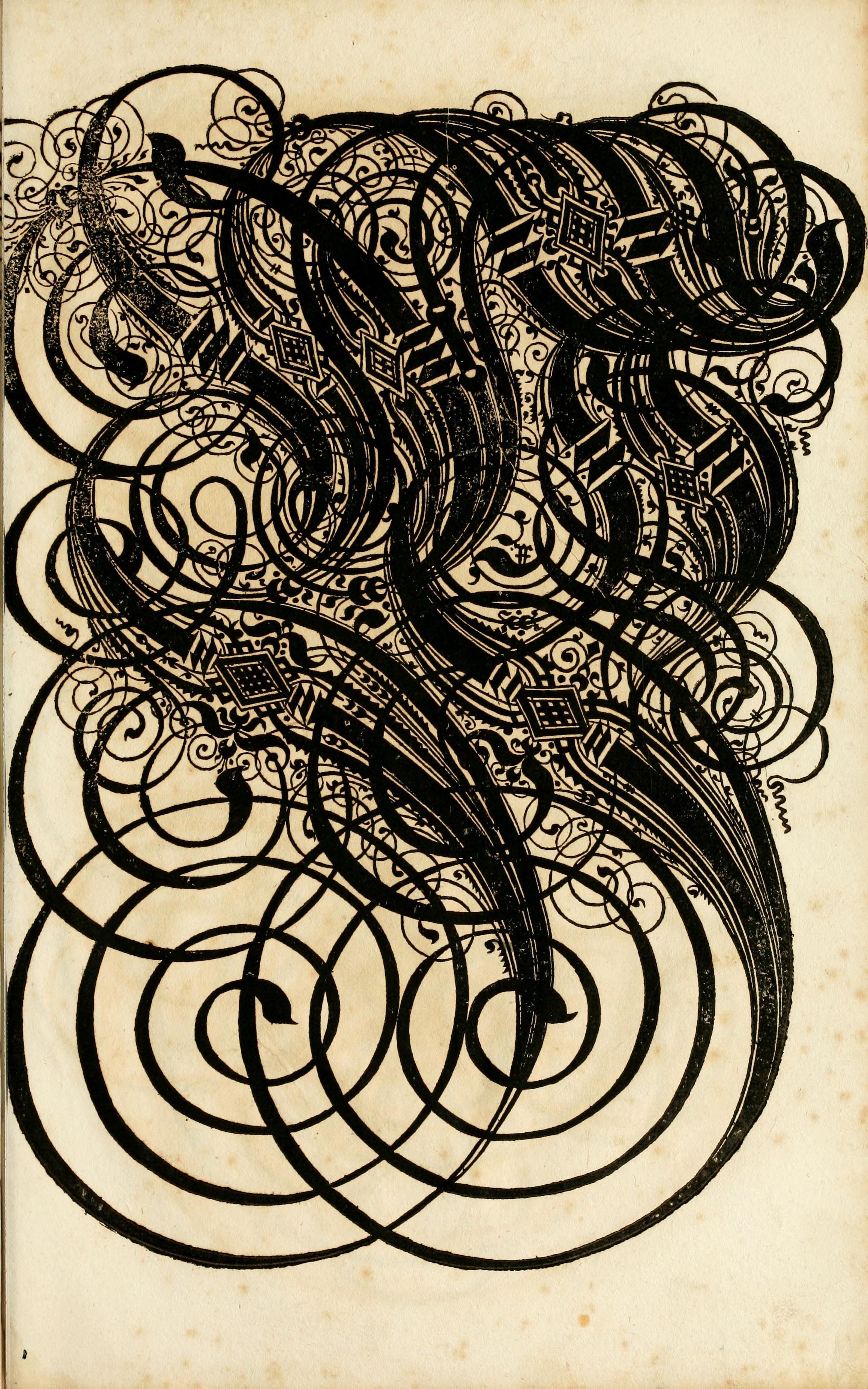 Intricate black and white drawing with a dense network of lines, curls, and spirals on an aged paper background.