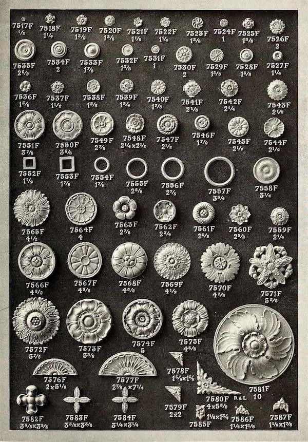 A vintage catalog page showcasing a variety of ornamental metal designs in a grid format.