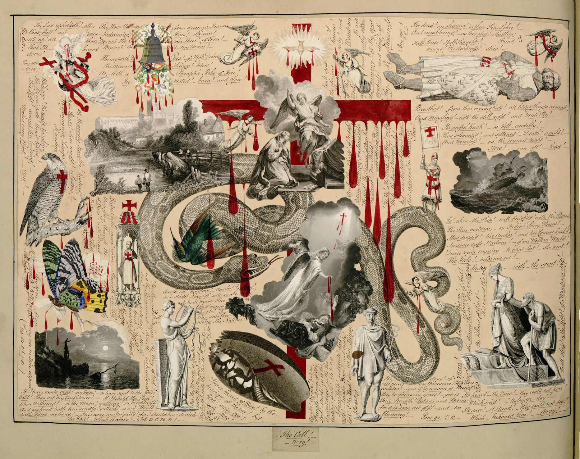 Antique illustration with a central serpent, crosses, and chaotic scenes of battle and destruction.