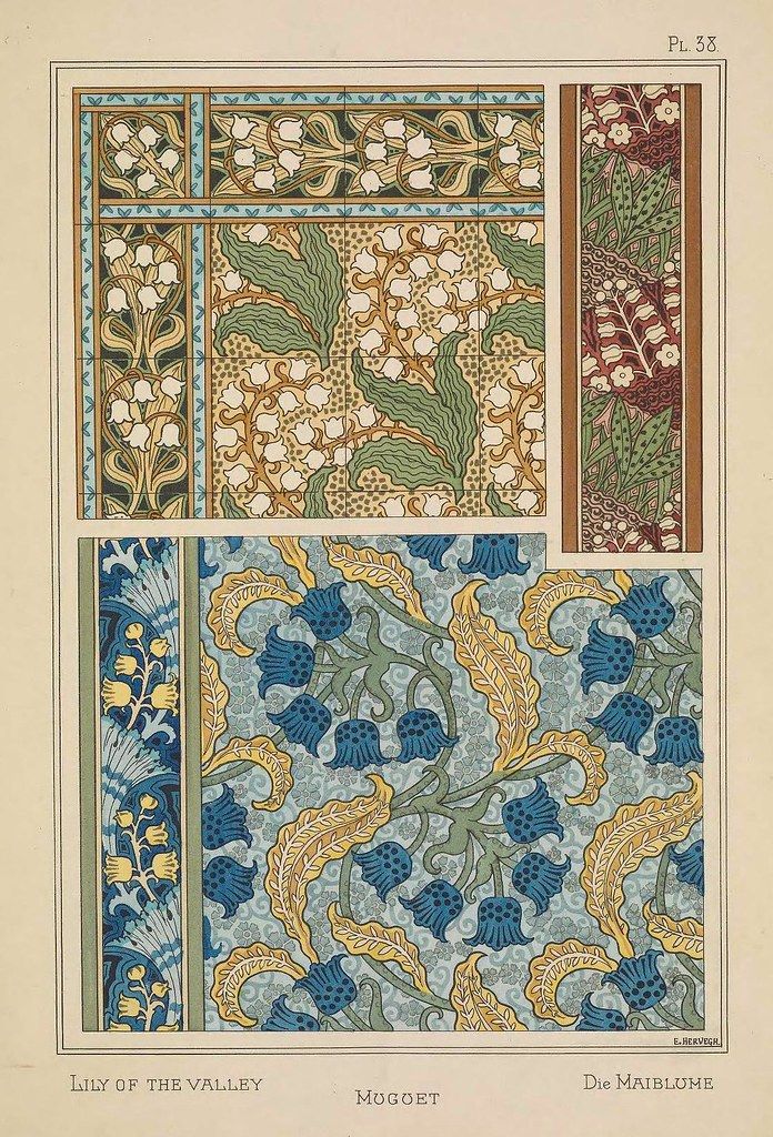 A vintage illustration showcasing three different floral patterns, labeled 'Lily of the Valley,' 'Mugget,' and 'Die Maiblume.' The patterns are presented as rectangular strips, arranged in a grid-like fashion on a cream-colored background.