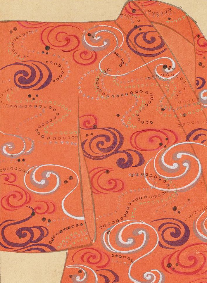 Close-up of a patterned garment with swirling spirals in shades of purple, red, and white against a reddish-orange background.