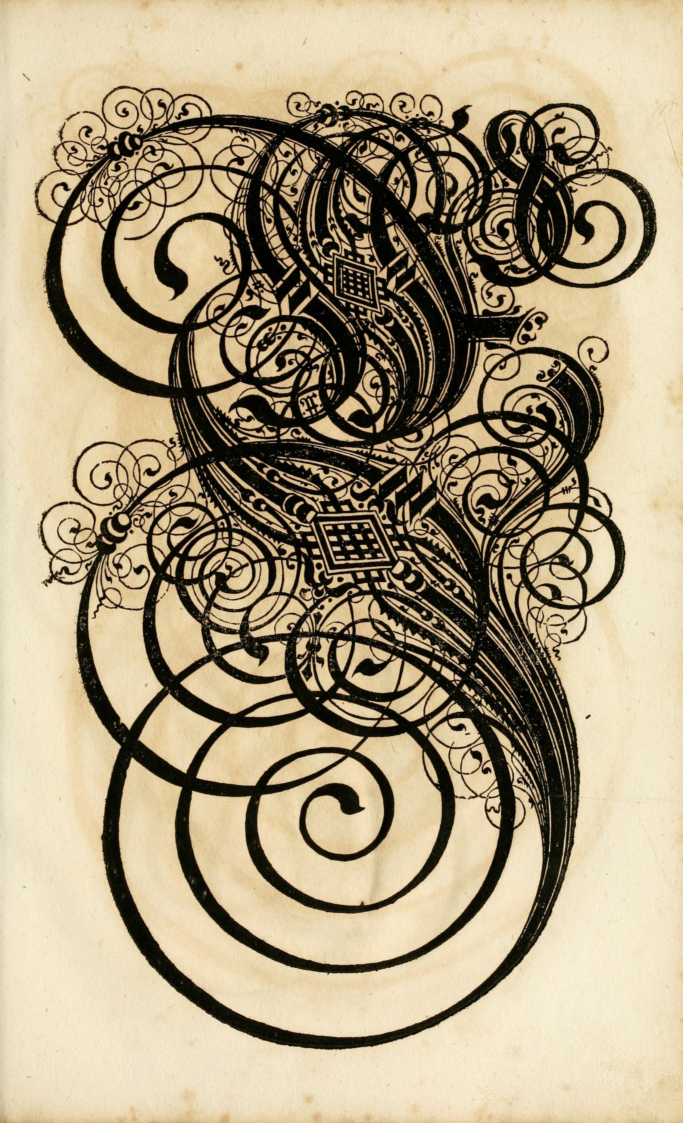 A detailed, ornate drawing in black ink on aged paper, featuring a symmetrical design with swirling lines, geometric patterns, and a vintage aesthetic.
