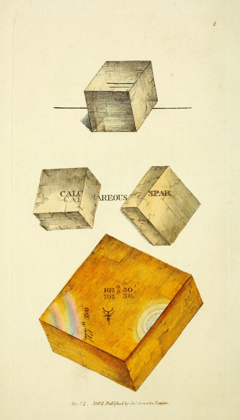 Vintage illustration of a mineral cube with different views and internal patterns.