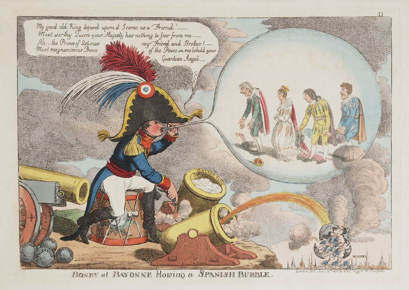 Political cartoon depicting Napoleon Bonaparte blowing a bubble containing the Spanish royal family, with a chaotic scene of destruction below.