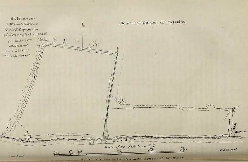 Vintage map of the Botanical Garden of Calcutta, showing the garden layout, river, canal, and reference points.