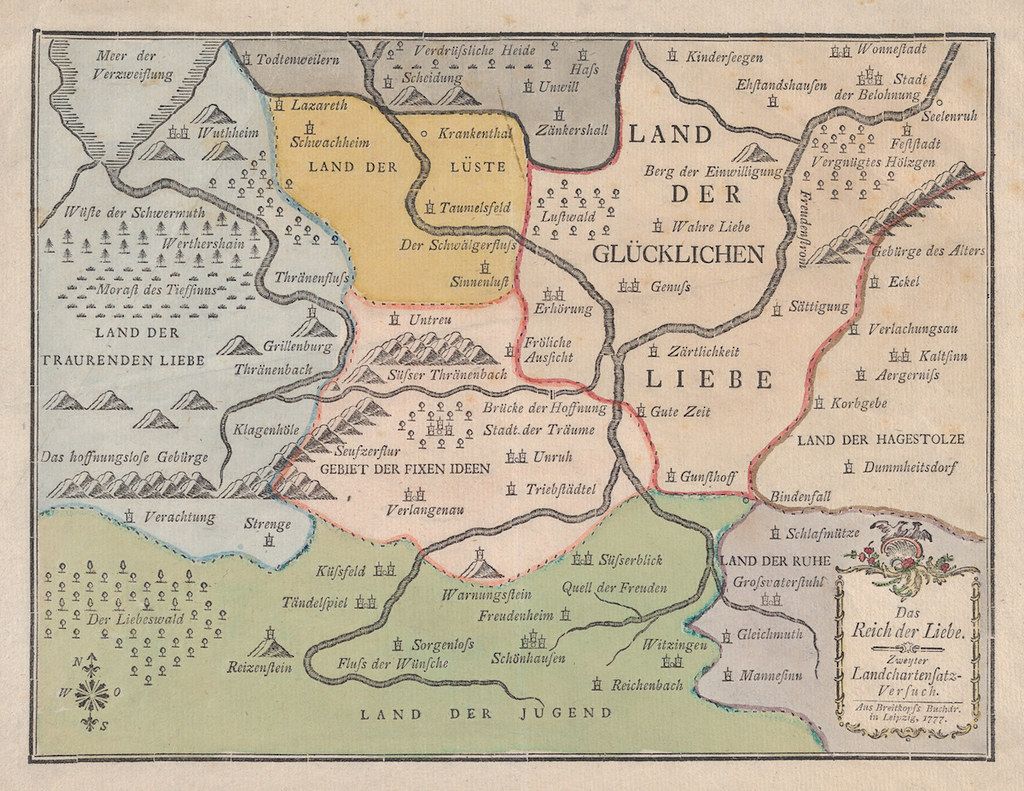 A vintage sepia-toned map with a highly stylized, allegorical depiction of a landscape. The map is filled with intricate details, including mountains, forests, buildings, and various symbols. The map is divided into several regions, each labeled with German text. The overall impression is one of a fantastical and symbolic landscape, rich in detail and meaning.