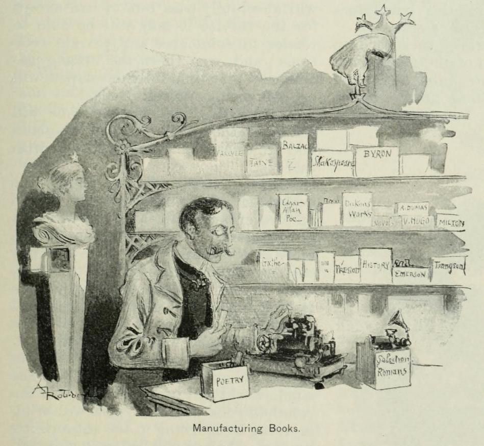 A black and white illustration titled 'Manufacturing Books' depicts a man operating a machine that produces books. Behind him are bookshelves filled with volumes by authors like Balzac, Shakespeare, and Byron.