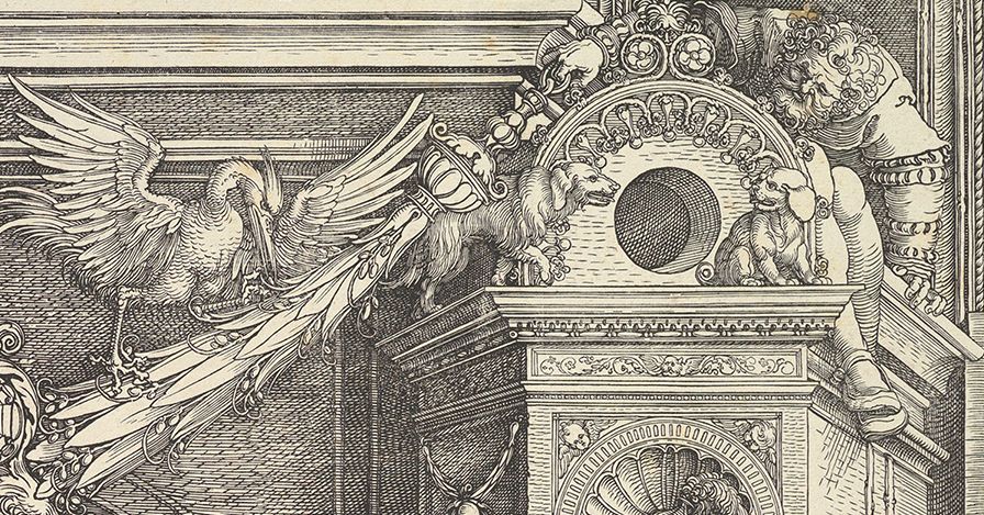 A detailed black and white engraving depicting a phoenix perched atop a classical column and an ornate architectural element with a globe and lions.