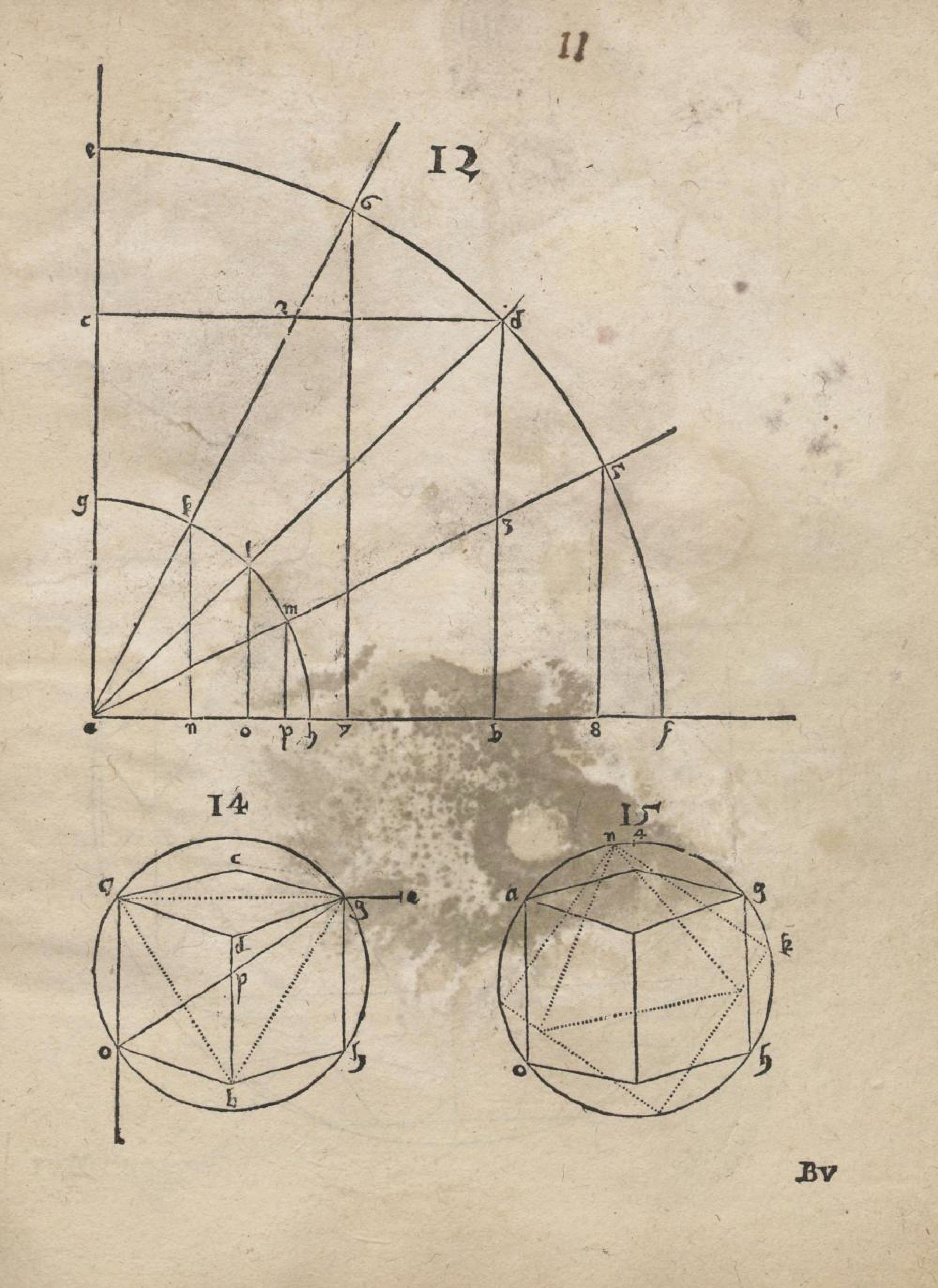 A vintage diagram with geometric figures, lines, circles, and hexagons, labeled with letters and numbers.