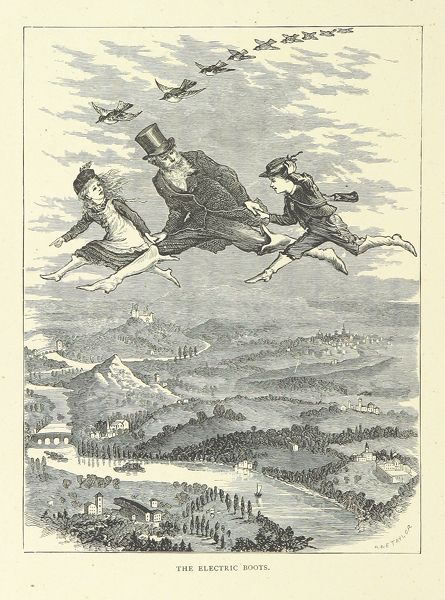 Vintage illustration of three people flying above a landscape with buildings, trees, and mountains.