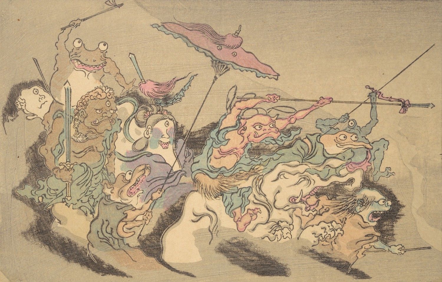Vintage illustration of a battle between a samurai and monstrous spirits, with dynamic composition and expressive figures.