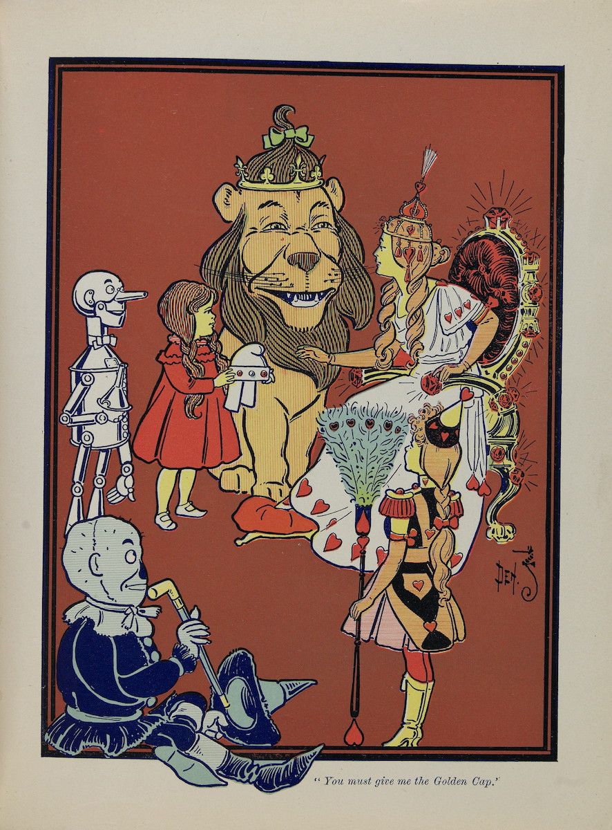 Vintage illustration of characters from The Wizard of Oz, including Dorothy, the Lion, the Tin Woodman, the Scarecrow, and the Wicked Witch, with text below reading “You must give me the Golden Cap.”