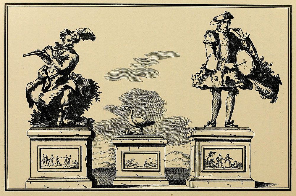 Vintage illustration of two statues on pedestals with a goose in between.