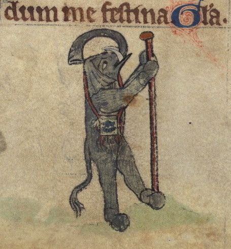 A medieval manuscript illustration of a dark gray figure with a large, curved headgear and a red staff.