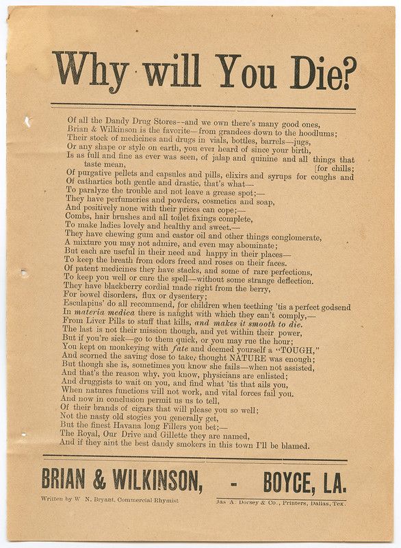 Vintage advertisement titled "Why Will You Die?" listing various medicinal remedies sold by Brian & Wilkinson, Boyce, LA.
