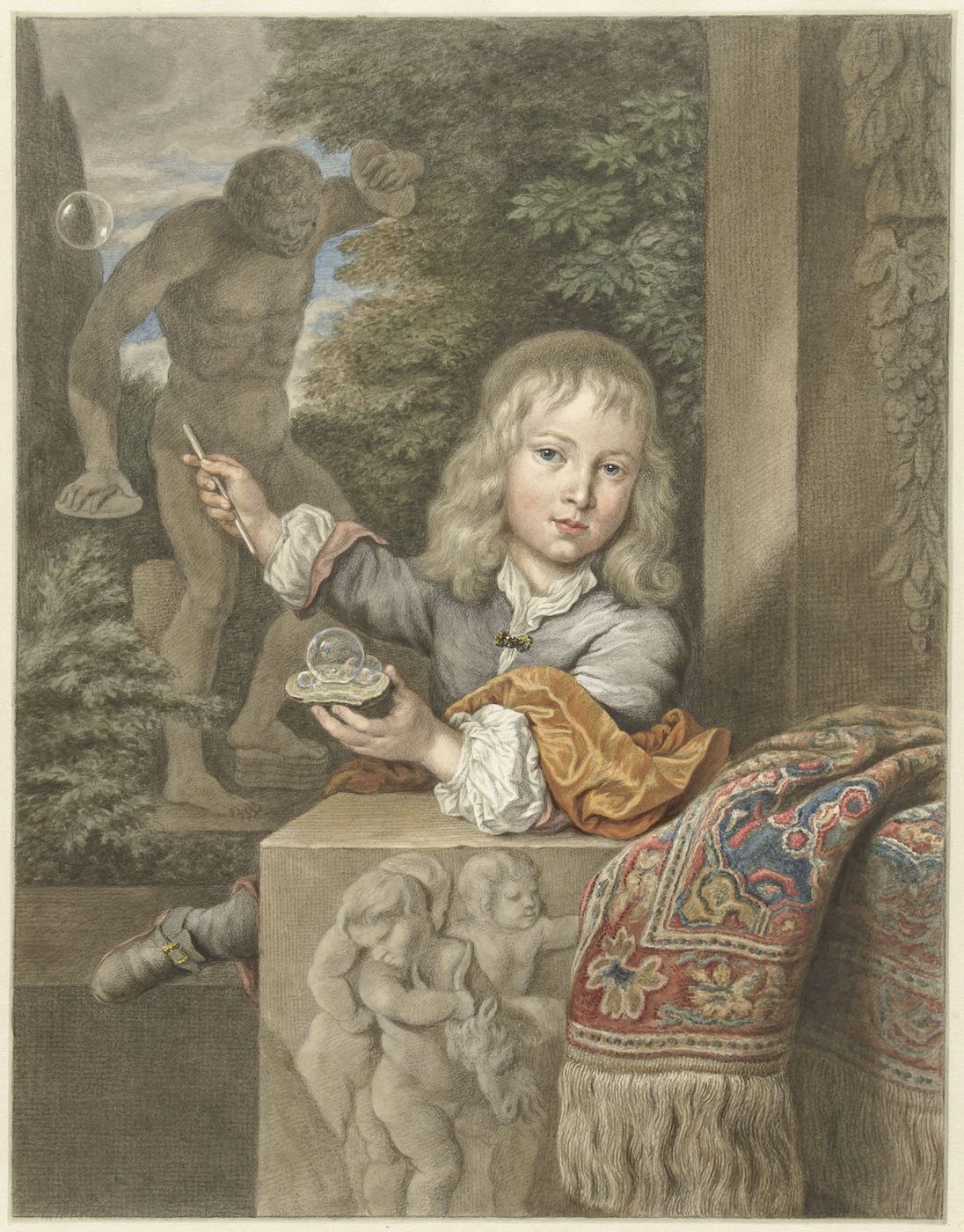 A sepia-toned engraving of a young boy with a statue and bubbles.