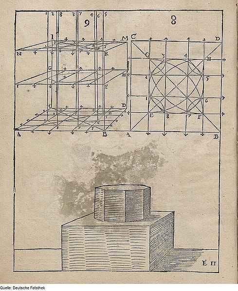 Vintage illustration of a geometric diagram overlaid on a building emitting smoke.