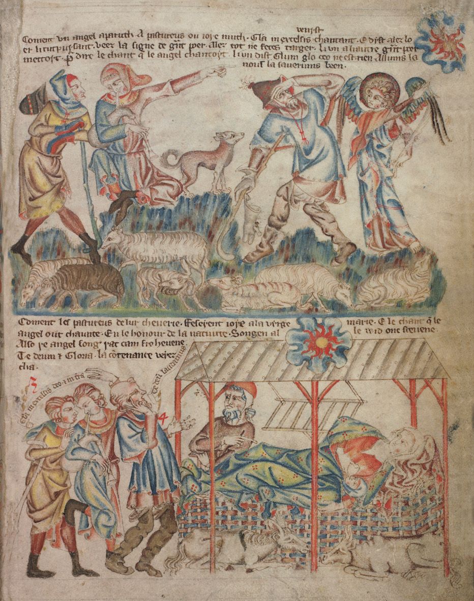 Medieval manuscript illumination depicting a battle scene with angelic intervention.