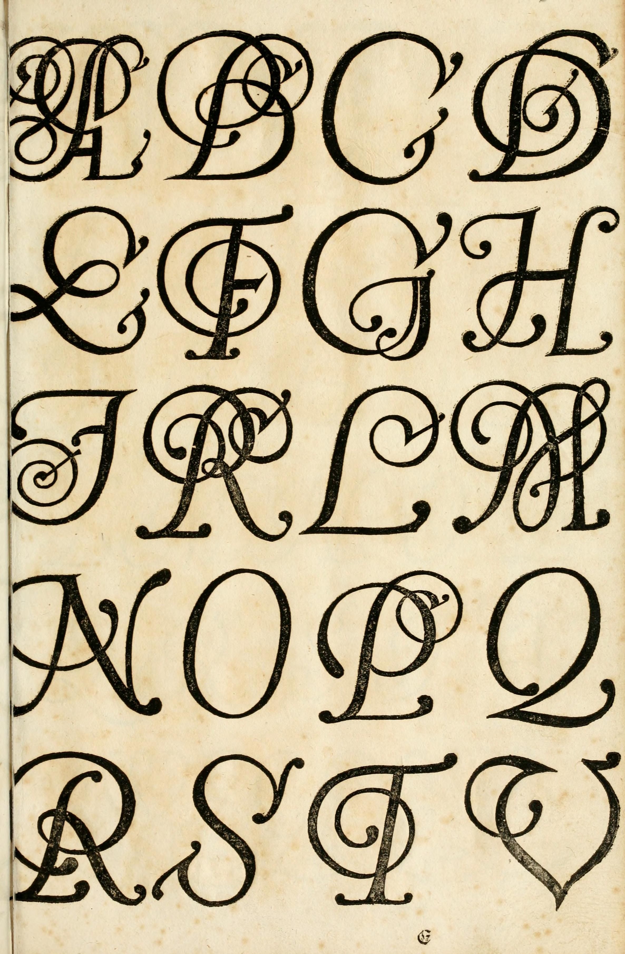 A page from an old book or manuscript featuring a decorative alphabet in an ornate, calligraphic style.
