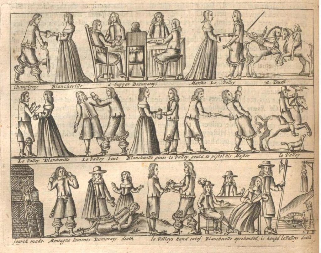 A black and white woodcut illustration depicting a series of scenes arranged in three horizontal rows, telling a dramatic story.