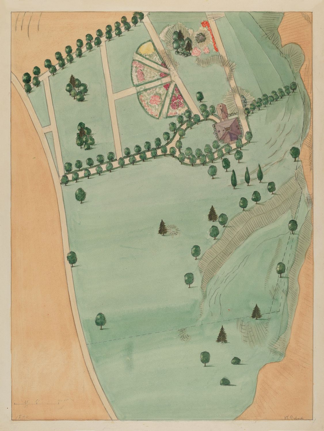 Vintage hand-colored map of a landscape with a large lawn, trees, a winding path, a building, and a formal garden.