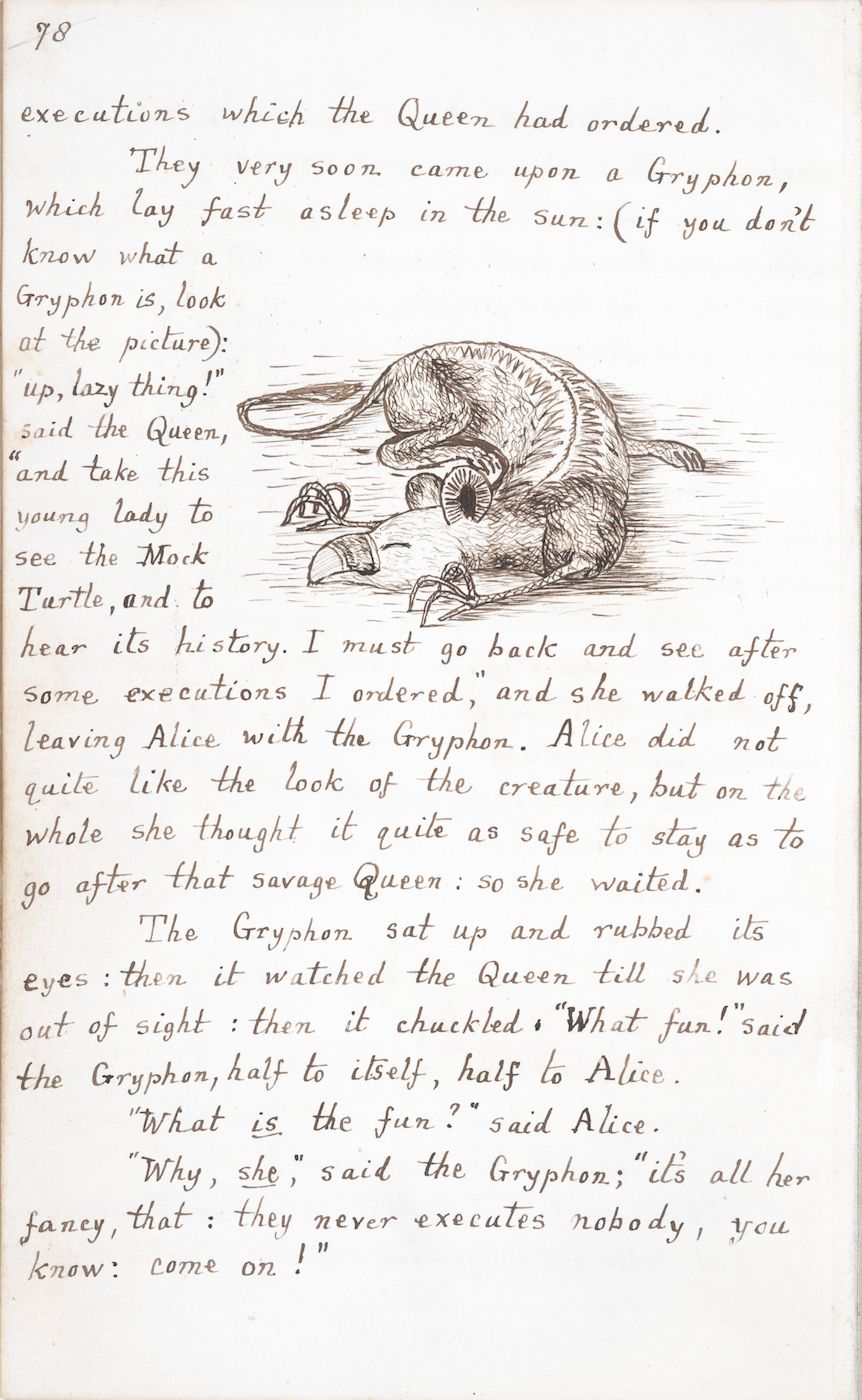 Vintage illustration of a Gryphon lying asleep in the sun, with a Mock Turtle nearby. The style is reminiscent of 19th-century book illustrations.