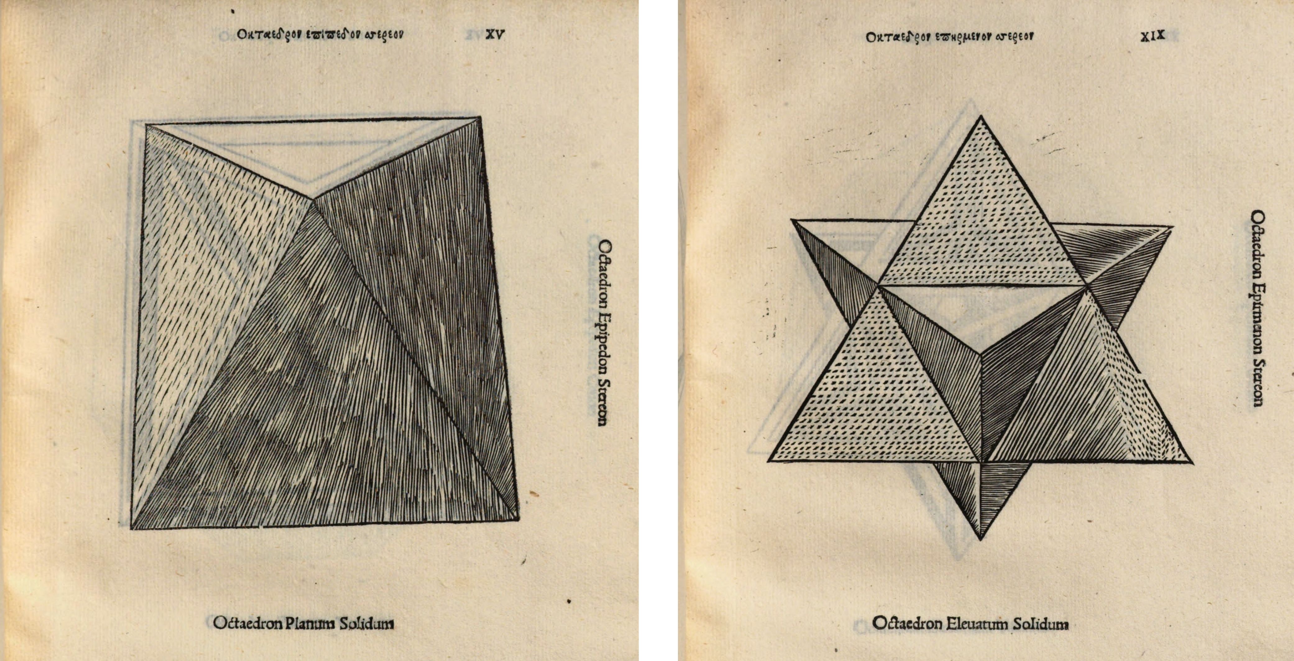 Two panels side-by-side, each depicting an octahedron in different forms. The left panel features a flat, two-dimensional representation of an octahedron. The right panel displays a three-dimensional, shaded representation of an octahedron.