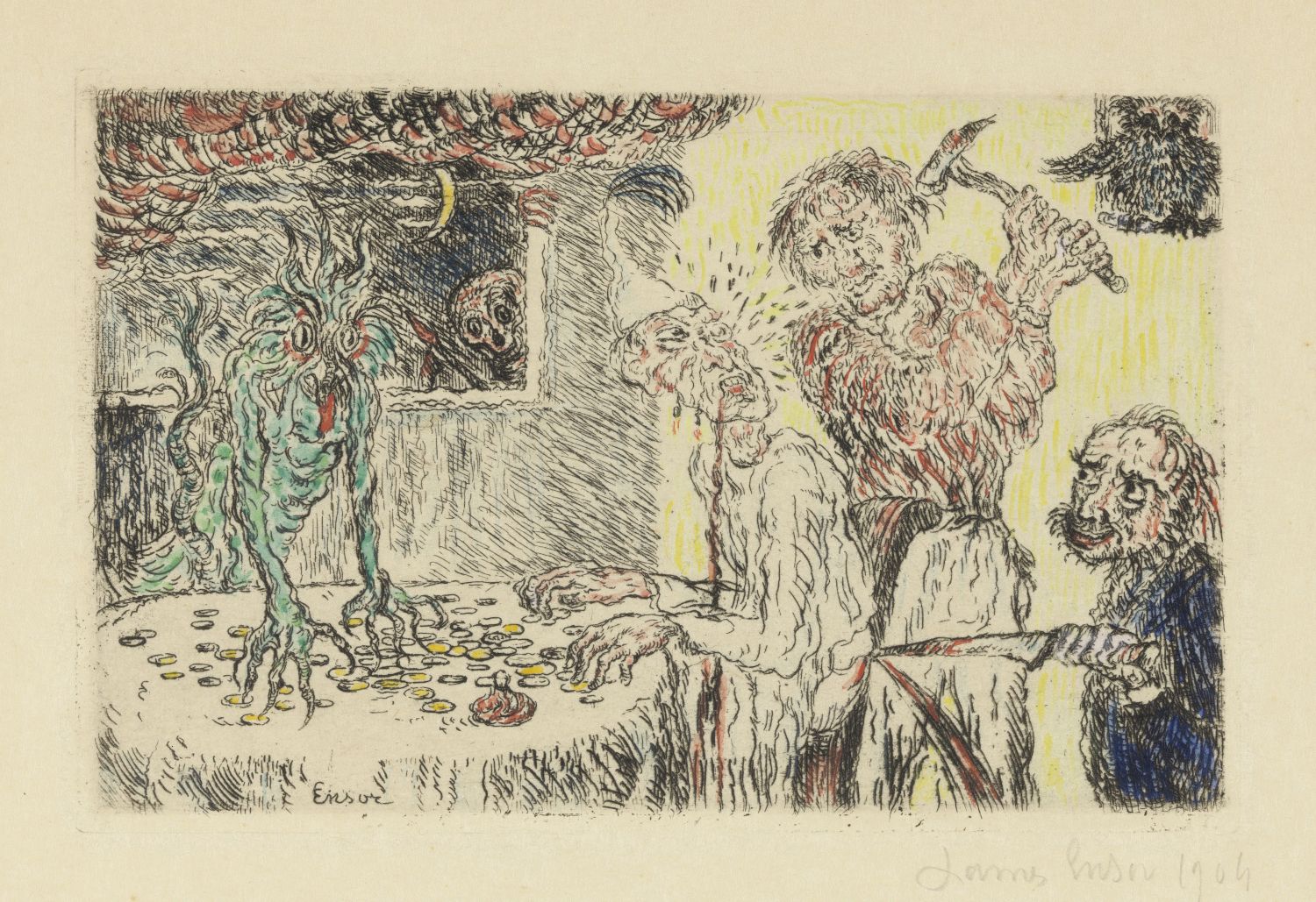 A black and white etching with color accents depicting a chaotic scene with a tree, people, coins, and a bench.