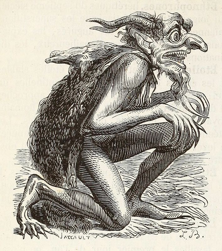 A detailed black and white engraving of a monstrous, demonic creature squatting with a ghostly figure on its back.