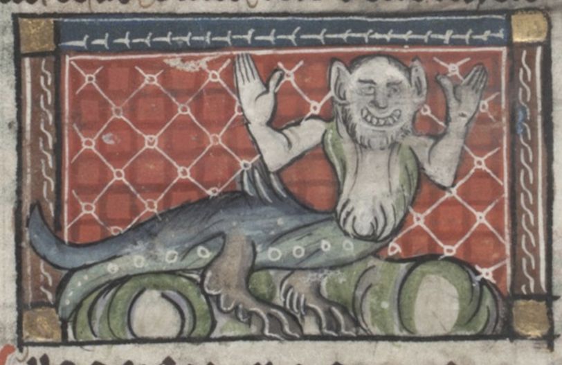 Medieval manuscript illustration of a fantastical creature with a fish body and human upper body.