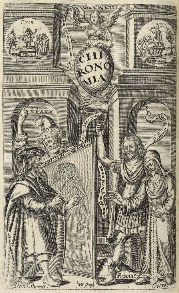 A detailed black and white engraving depicting a complex allegorical scene with figures labeled Demosthenes, Roscius, and Cicero, centered around a triangular shape with the word “CHIRONOMIA” inscribed within it.