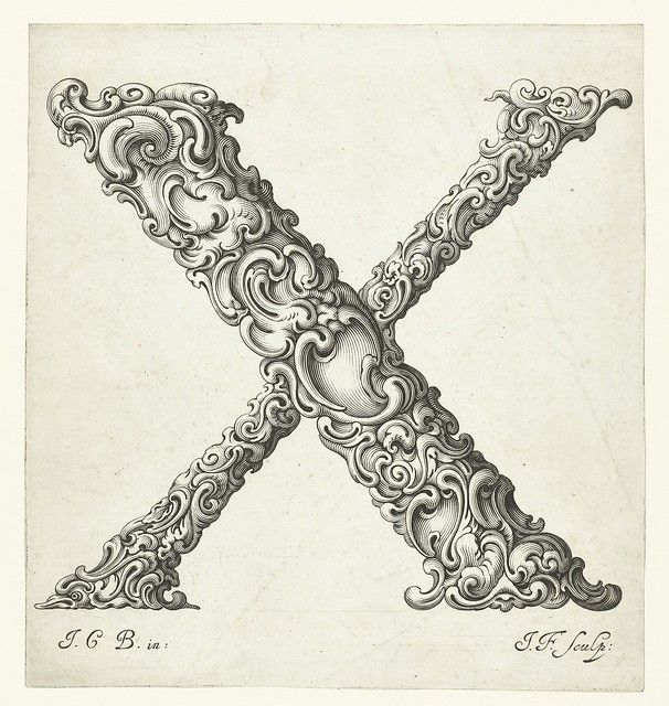 A detailed black and white engraving of the letter 'X' with intricate floral and scrollwork designs. Below the letter are the inscriptions 'J.C.B. in:' and 'J.F. Sculp:'.