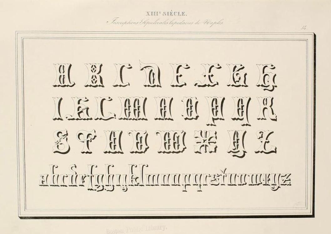 A page from a historical document displaying an ornate Gothic alphabet, with uppercase letters in three rows and lowercase letters in a single row. The page is aged and has French text at the top indicating the 13th century and lapidary equivalents from Wespel.