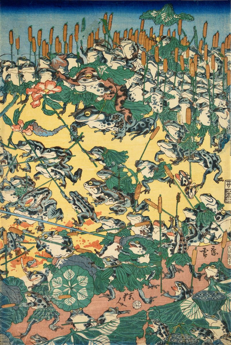 A vibrant Japanese woodblock print depicting a pond teeming with frogs and aquatic vegetation.