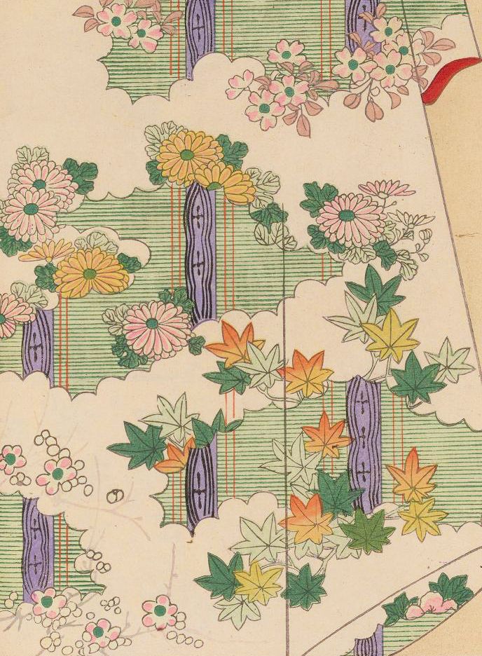 A vintage floral pattern with pastel-colored flowers and leaves on a creamy beige background.