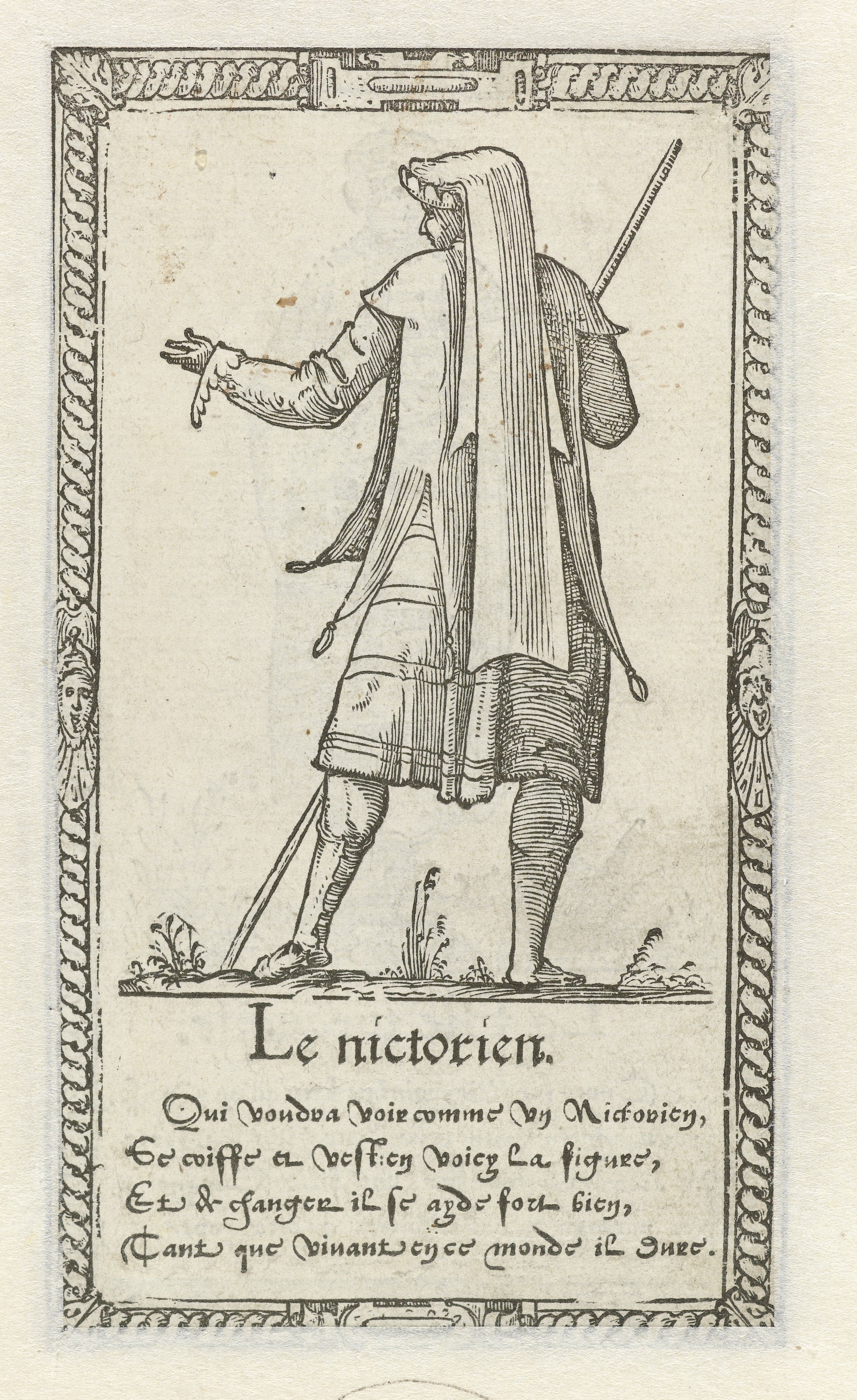 A black and white engraving of a man in Renaissance clothing, walking and gesturing with his hand. The image is framed by a decorative border and includes French text below the figure.