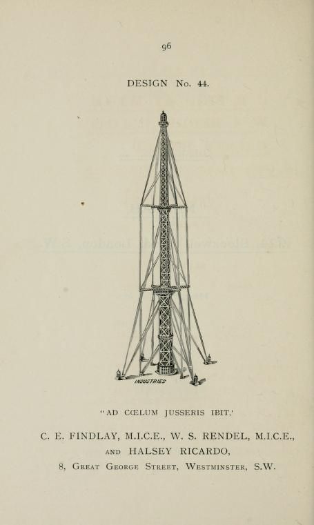 Vintage illustration of a tall, lattice-work tower with technical details and text.