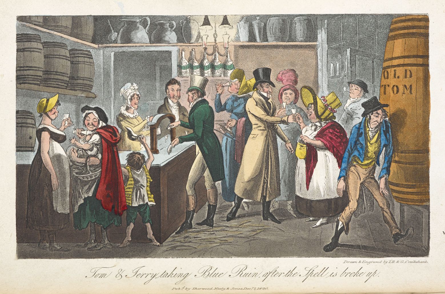 A hand-colored etching from 1800 titled “Tom & Jerry taking Blue Ruin after the Spell is broke up.” The scene takes place inside a tavern or pub, filled with people and barrels.