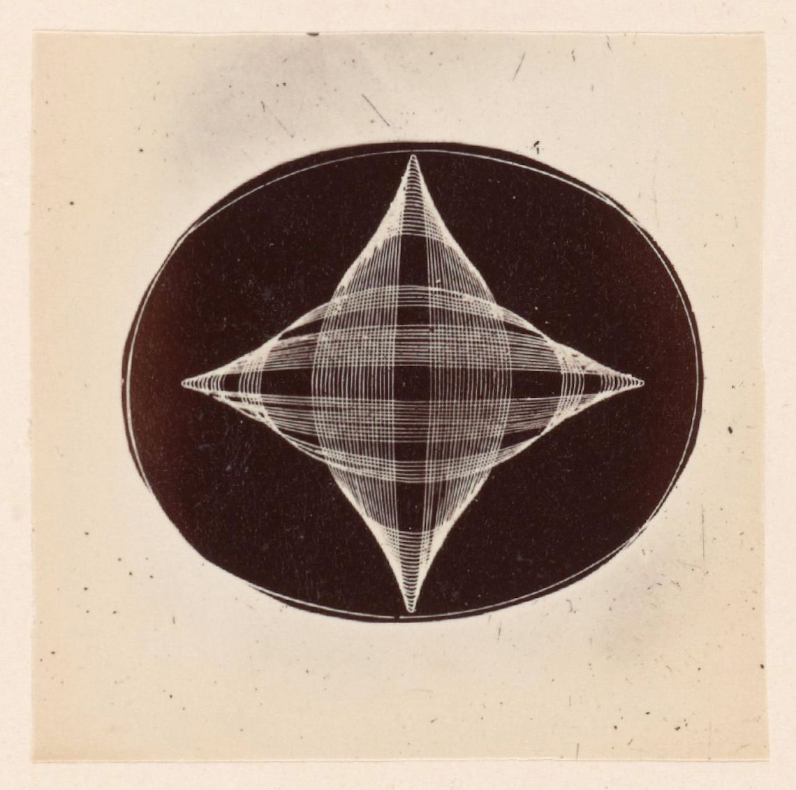 Vintage illustration of a geometric pattern within an oval frame.