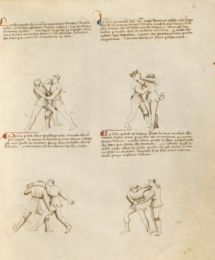 A page from a medieval manuscript with four illustrations of men and women interacting.