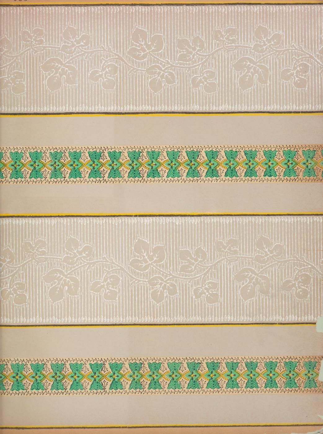 A vintage book cover or endpaper with a repeating floral pattern and teal geometric borders.