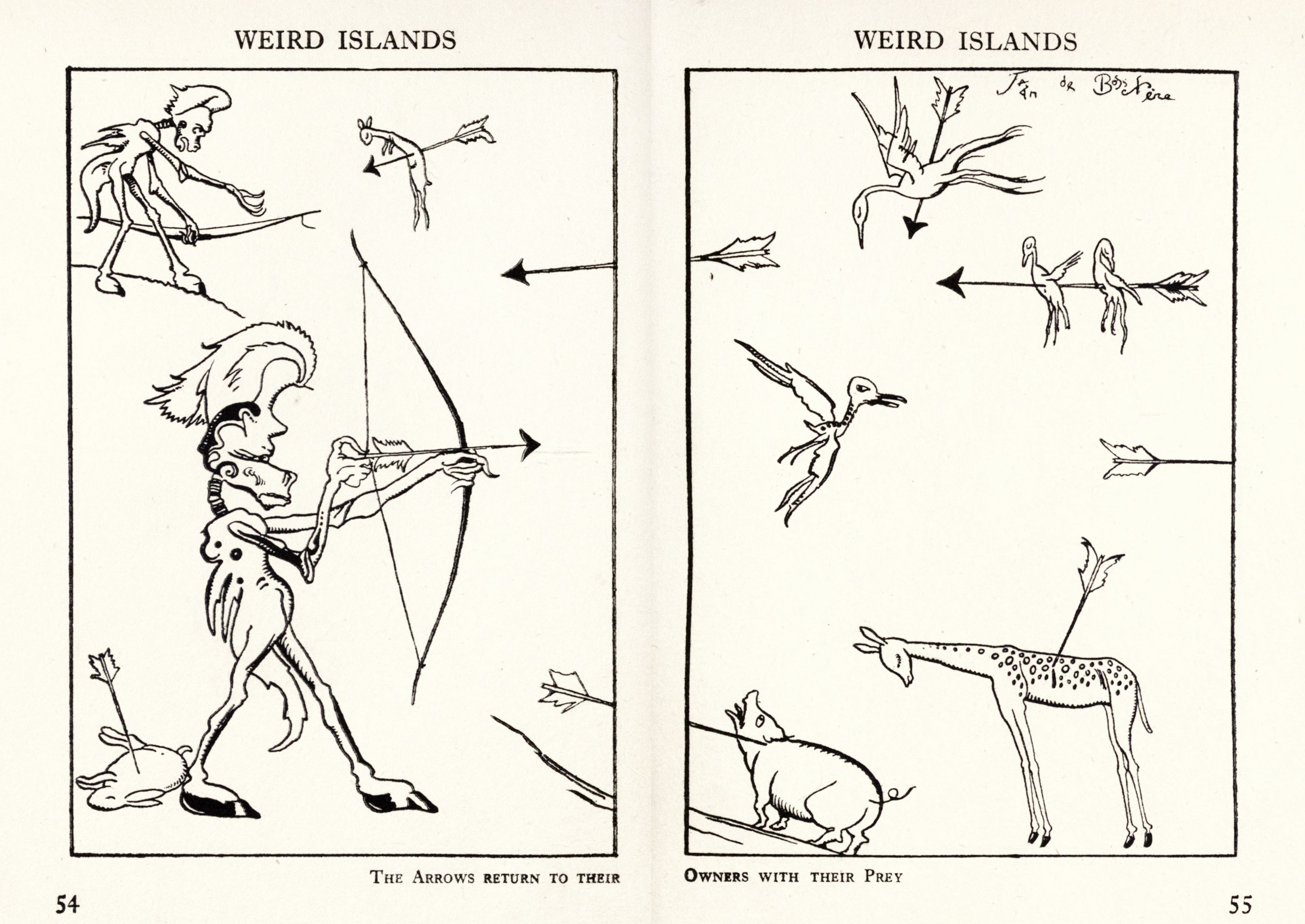 Two panels depicting a fantastical hunt. The first shows humanoid figures shooting arrows that return to them. The second shows the figures with their captured prey, including a giraffe-like creature and flying birds.