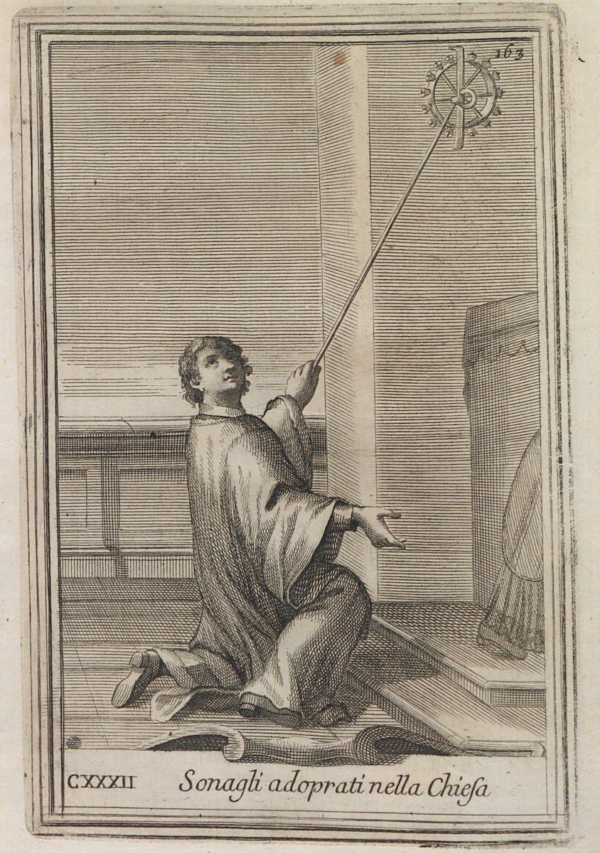 A black and white engraving of a person kneeling and using a long instrument inside a church. The text below reads 'Sonagli adoperati nella Chiesa'.