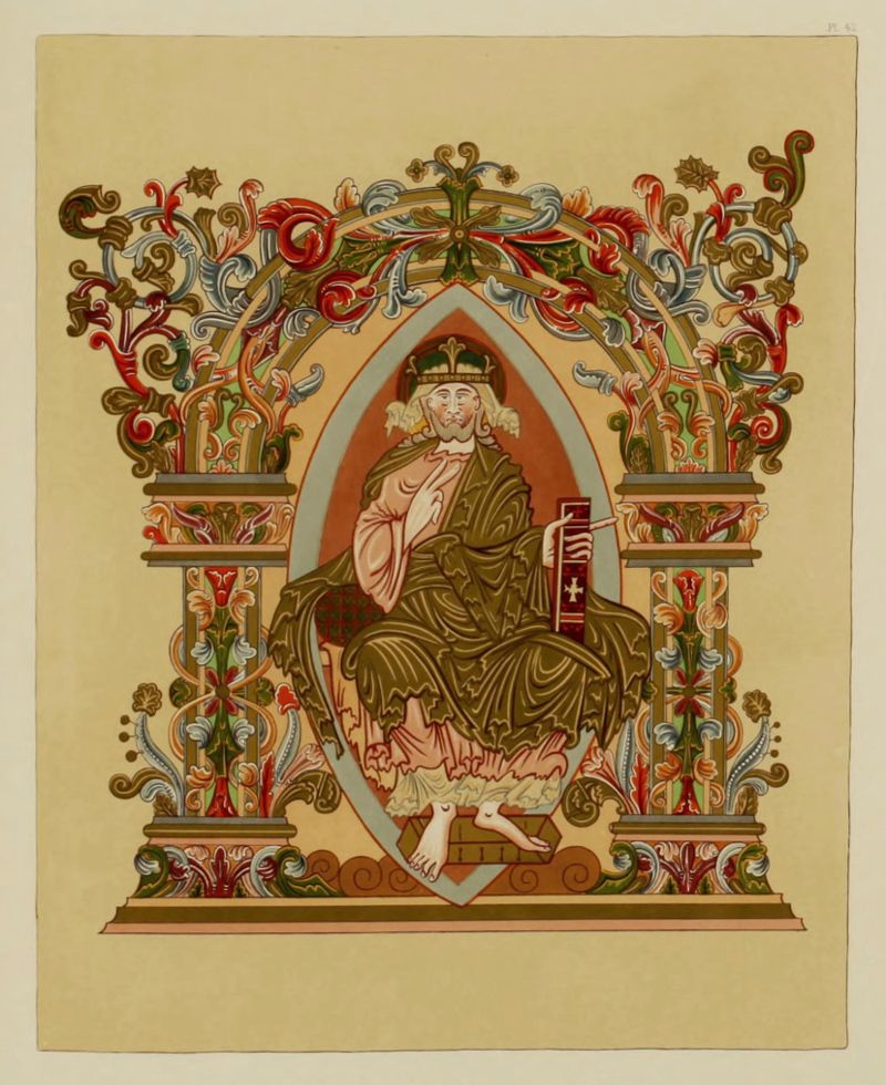 A detailed illustration of a seated figure within an ornate, illuminated frame.