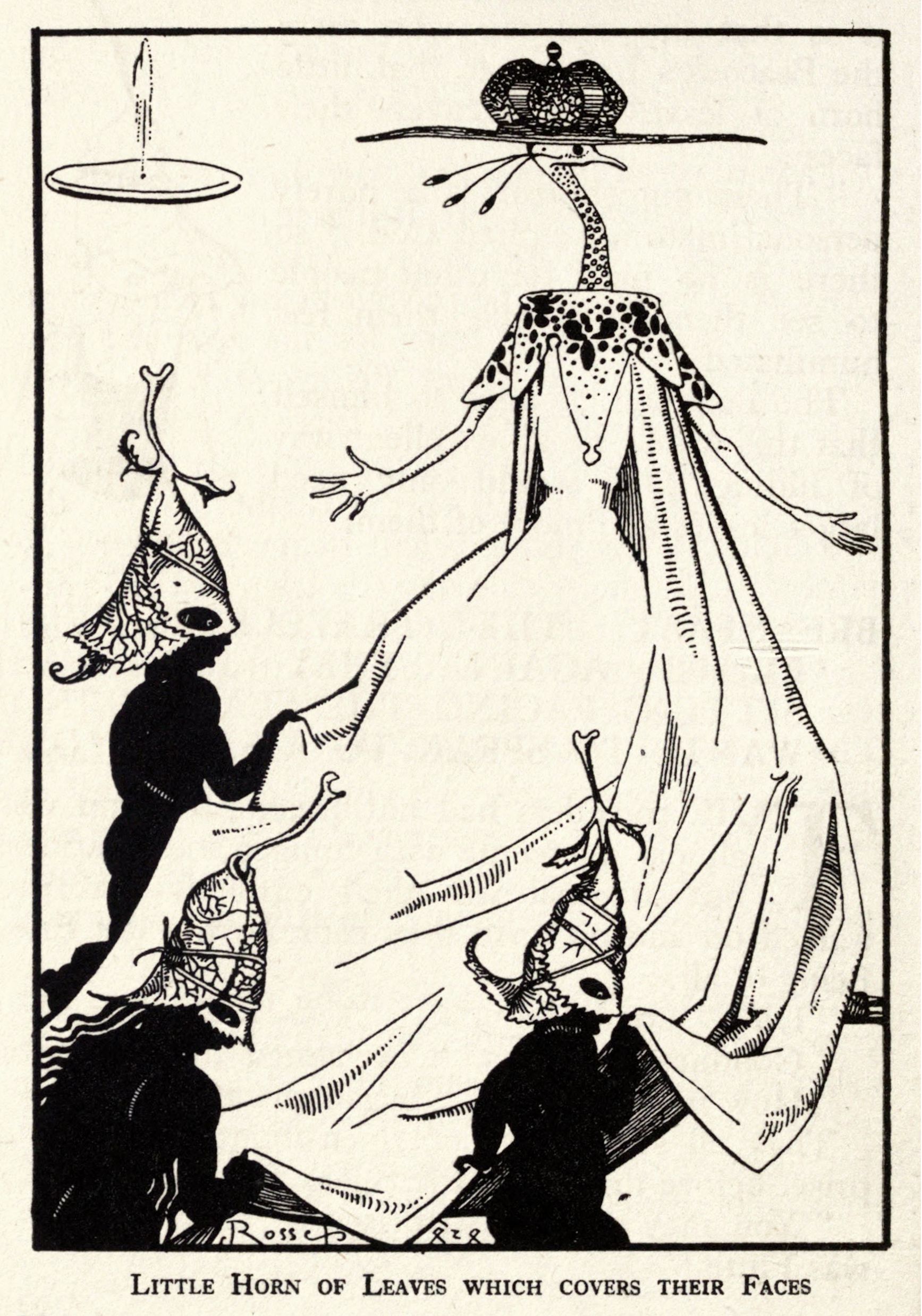 A black and white illustration of a tall, slender figure with a long neck and a crown, surrounded by three smaller figures wearing ornate hats that cover their faces. The text at the bottom reads "Little Horn of Leaves Which Covers Their Faces."
